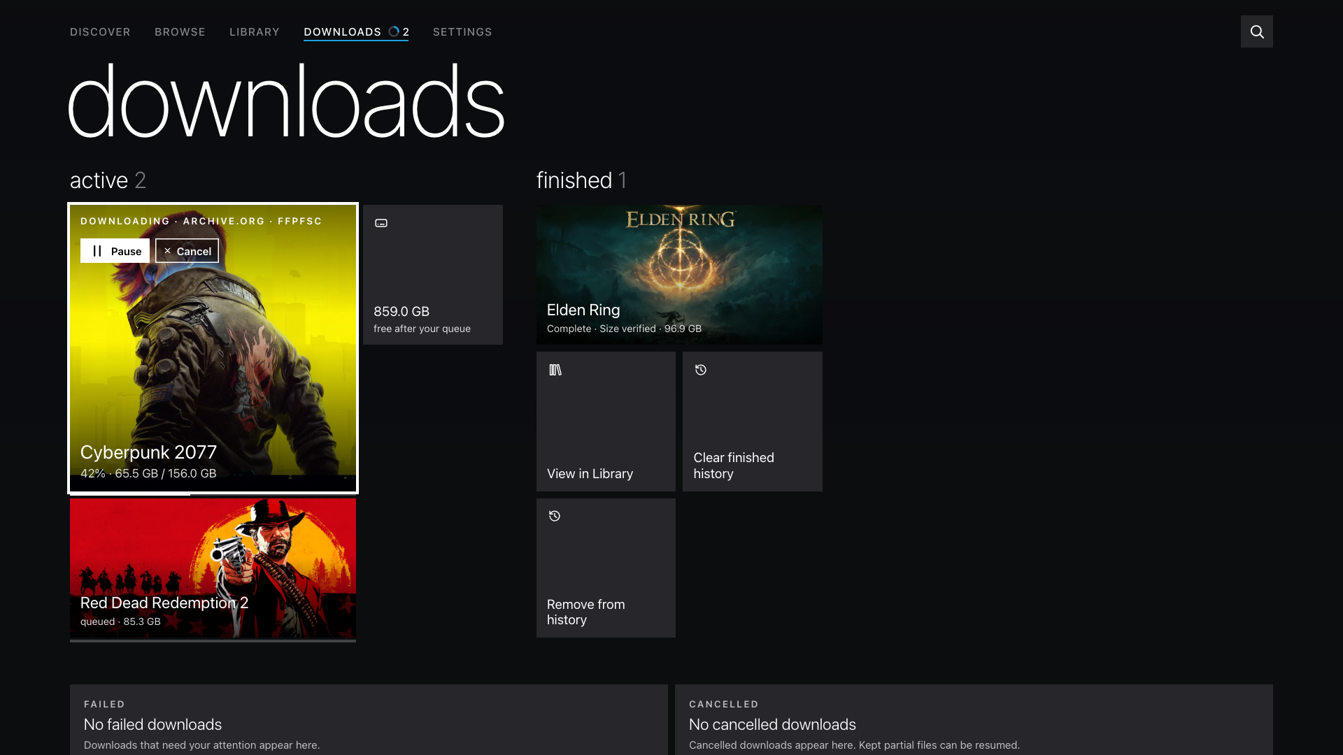 Panorama Downloads with active, queued and completed games