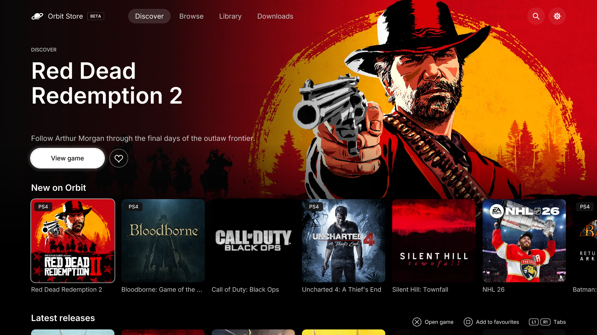 Orbit Store 1.2.0 native Discover with Red Dead Redemption 2 selected