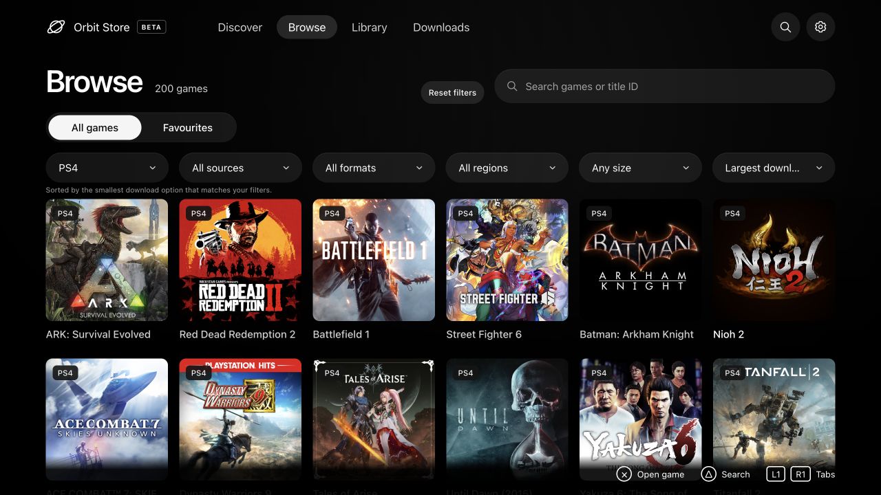 Browse 200 PS4 games sorted by largest download first