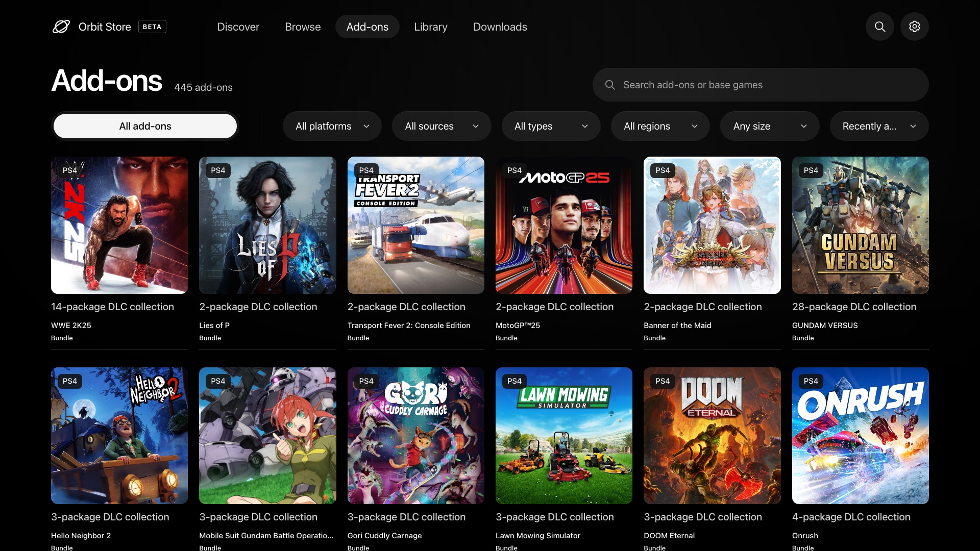 Orbit Store Add-ons listing showing 445 add-ons with search and filters