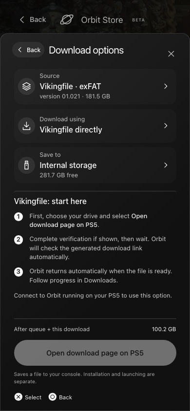Step 3: Phone Vikingfile instructions and Open download page on PS5 button