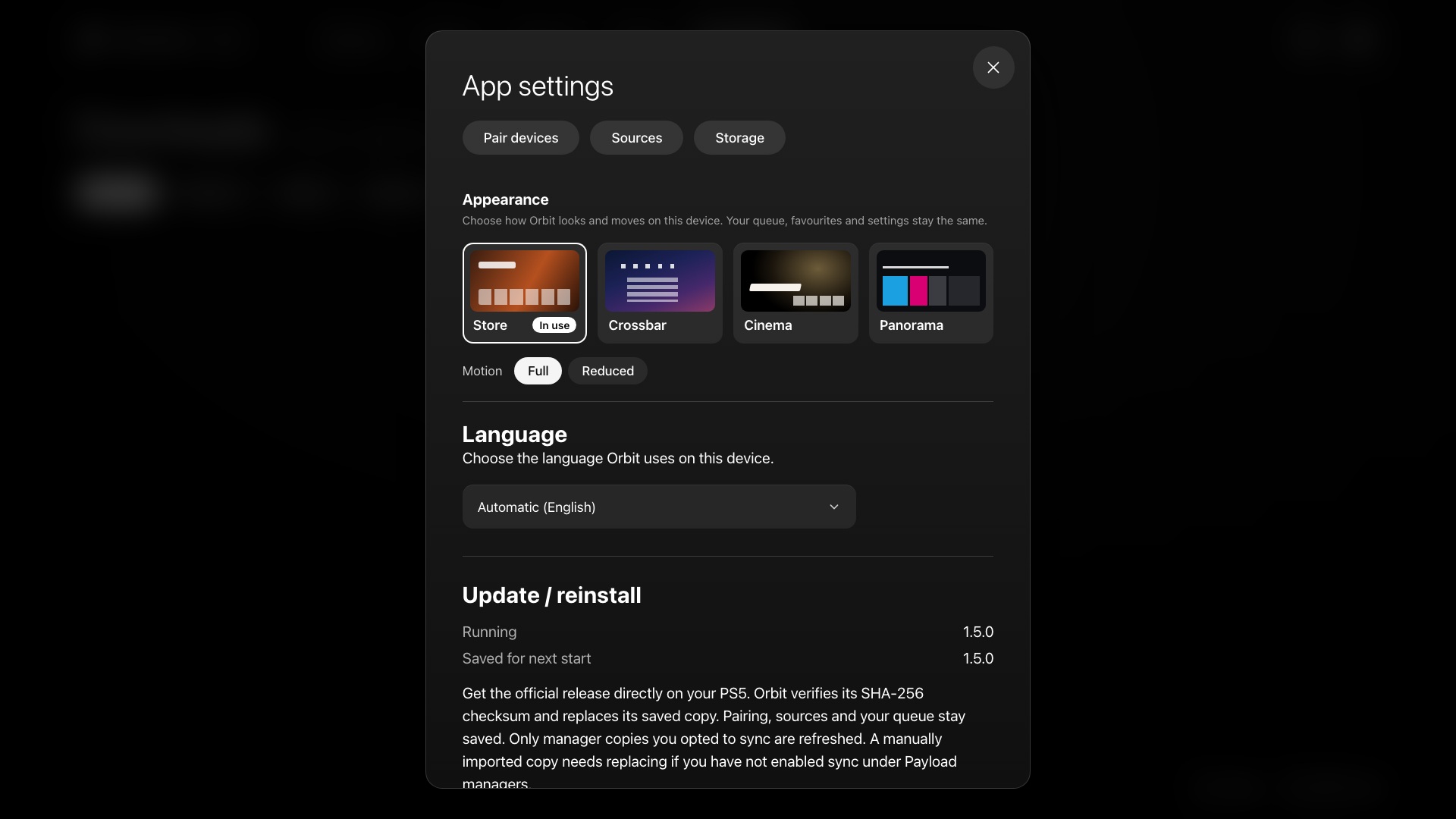 Orbit Store 1.5.0 browser appearance, language and update settings