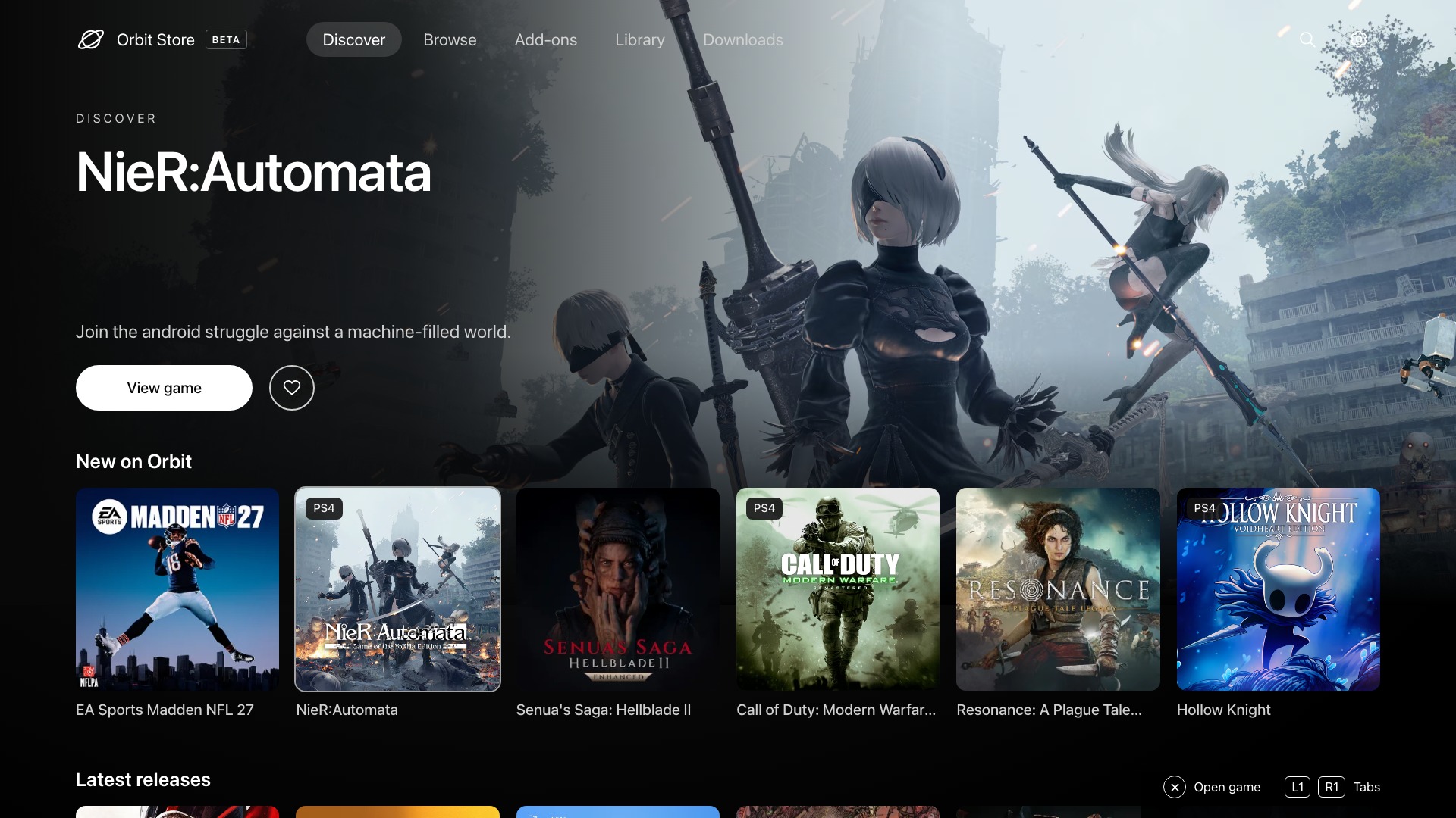 Orbit Store 1.5.0 Discover with NieR:Automata selected