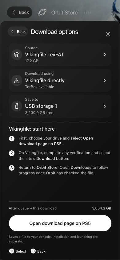 Step 3: Phone Vikingfile instructions and Open download page on PS5 button