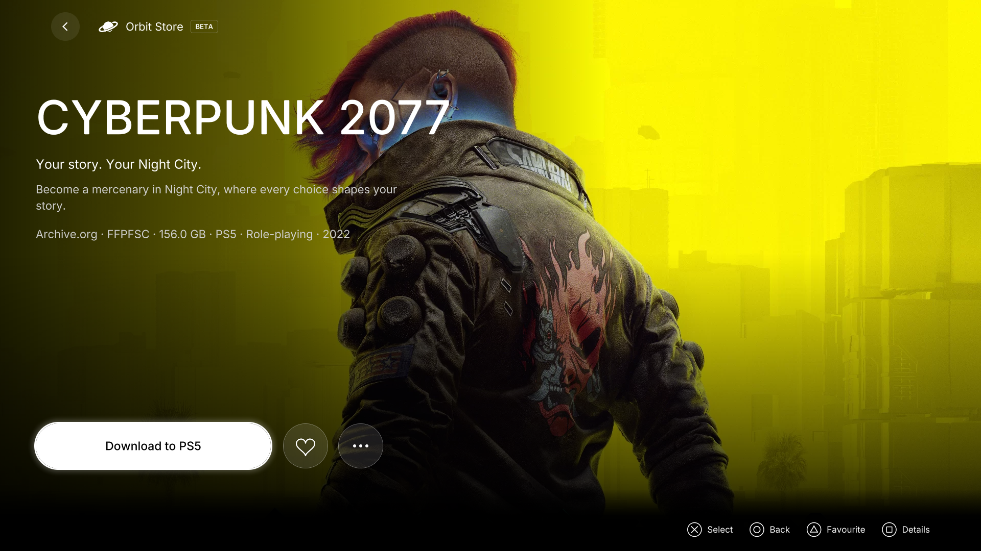 Cyberpunk 2077 in Orbit Store 1.2.0 with full artwork, description, favourites and download control