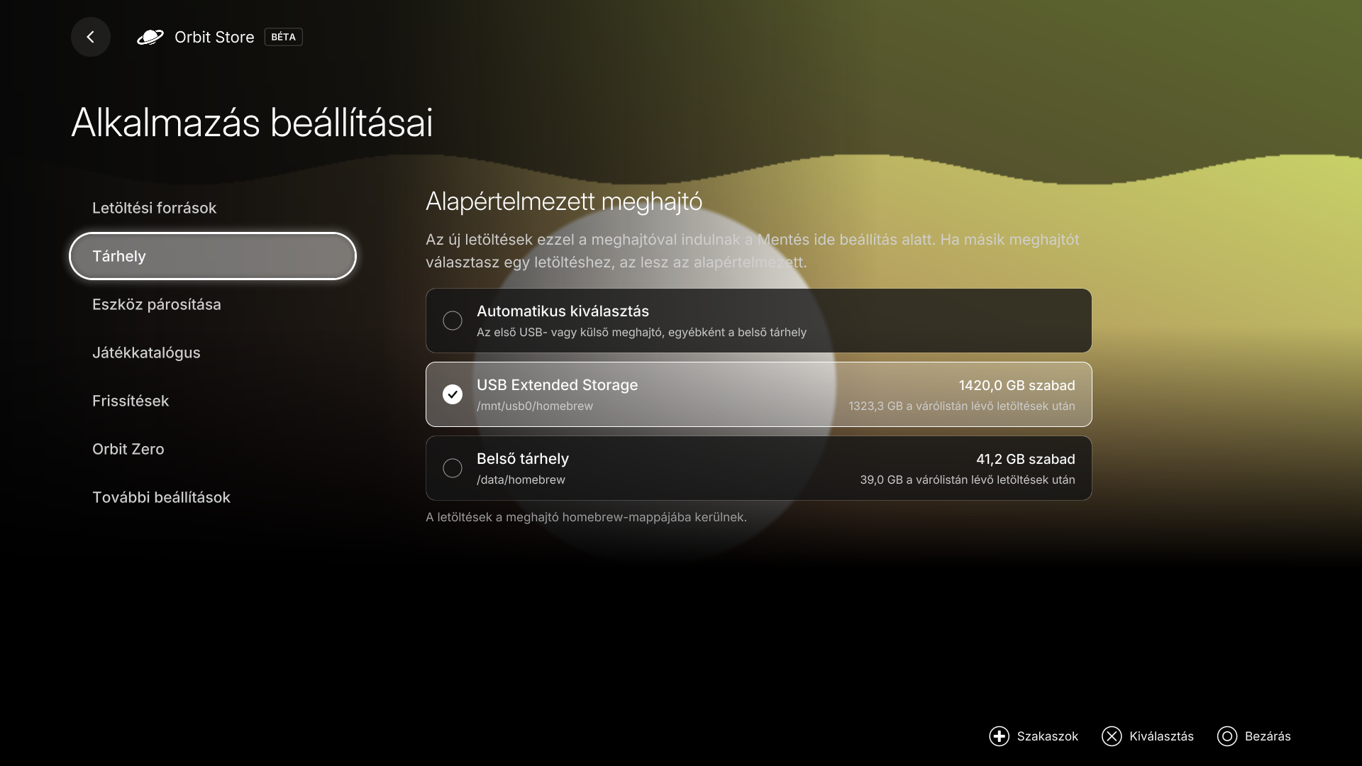 Native Orbit Settings in Hungarian, with translated storage controls