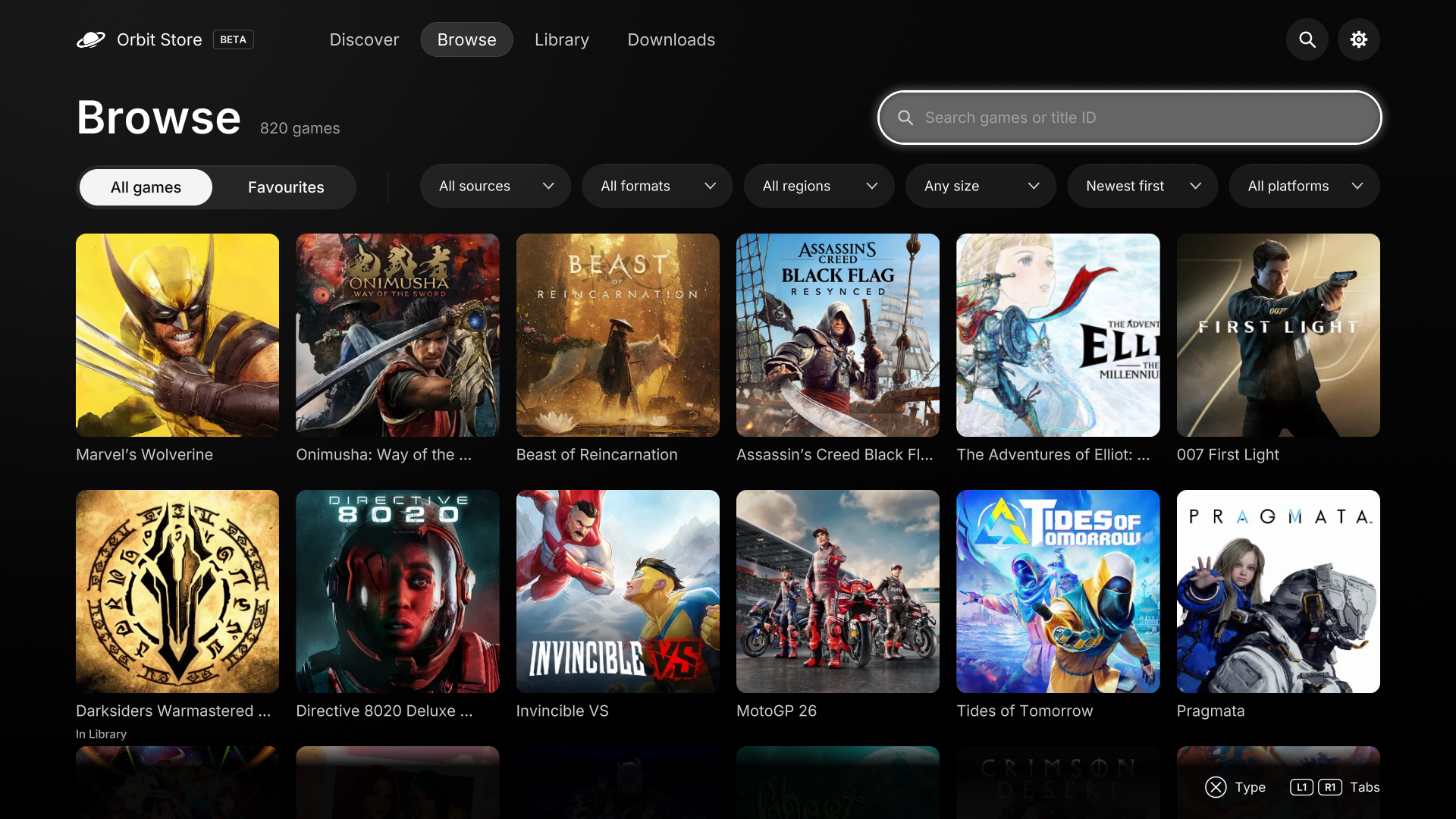 Native TV app Browse with search and Platform, Source, Format and Region filters