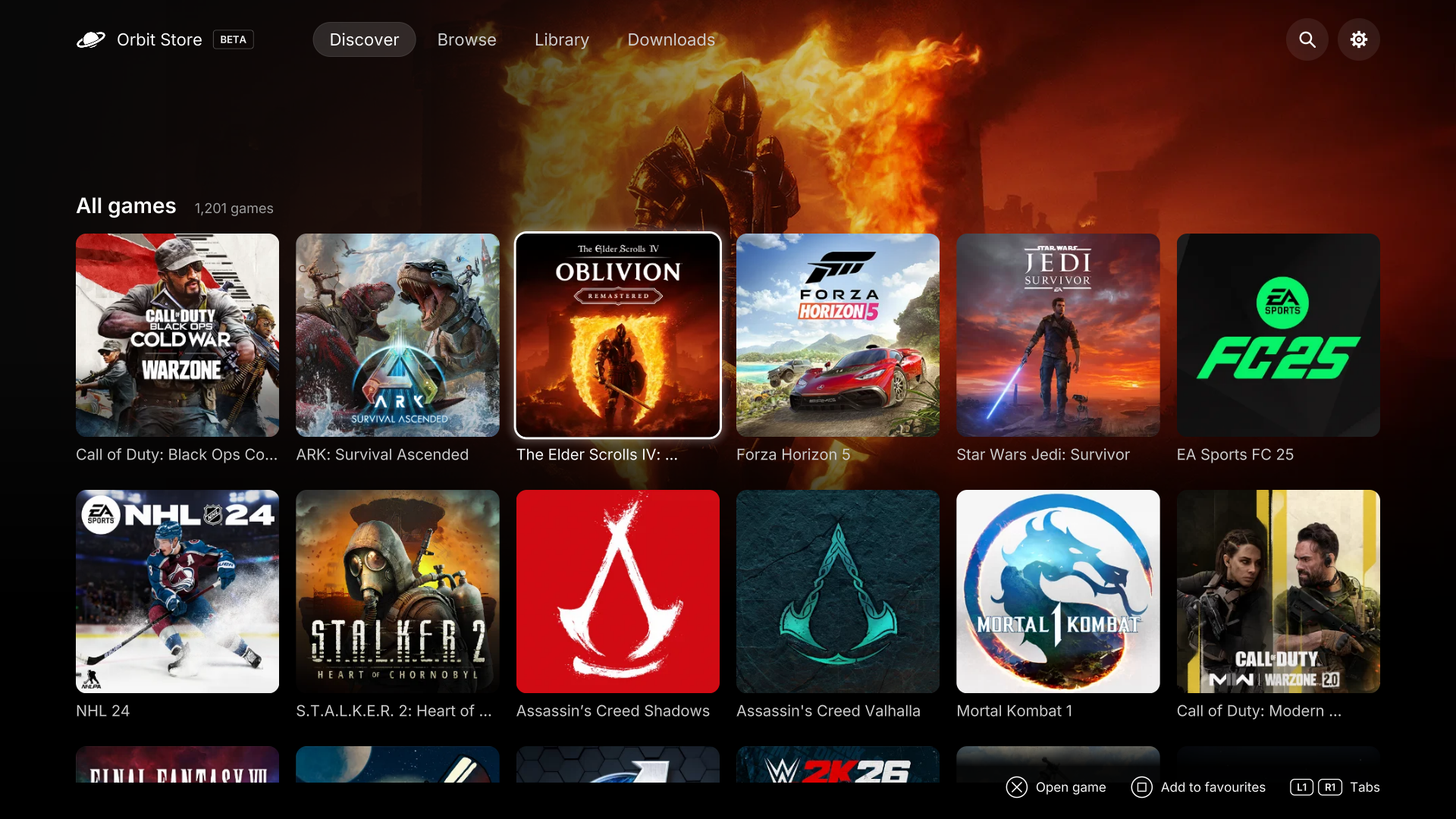 Orbit Store 1.2.0 All games grid with Oblivion Remastered selected and its background artwork
