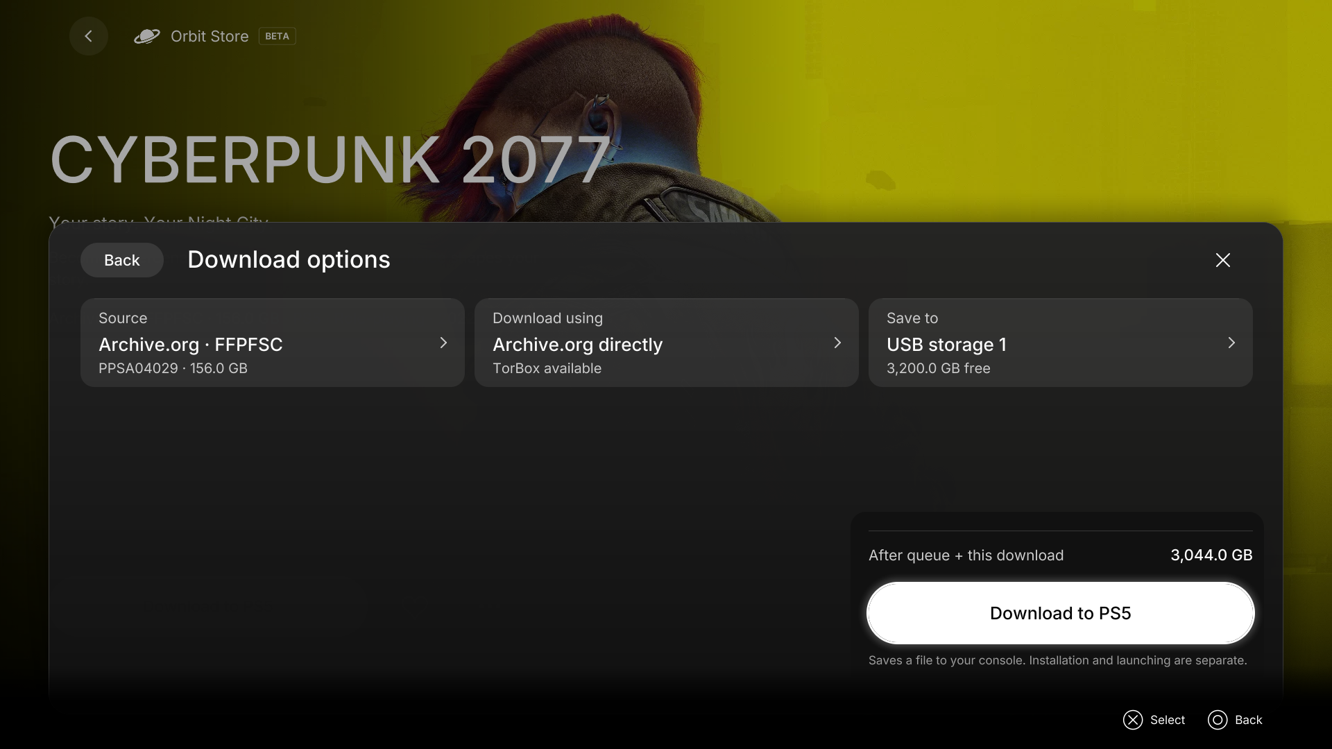 Cyberpunk 2077 download options in Orbit Store 1.2.0 with source, delivery method and USB destination controls