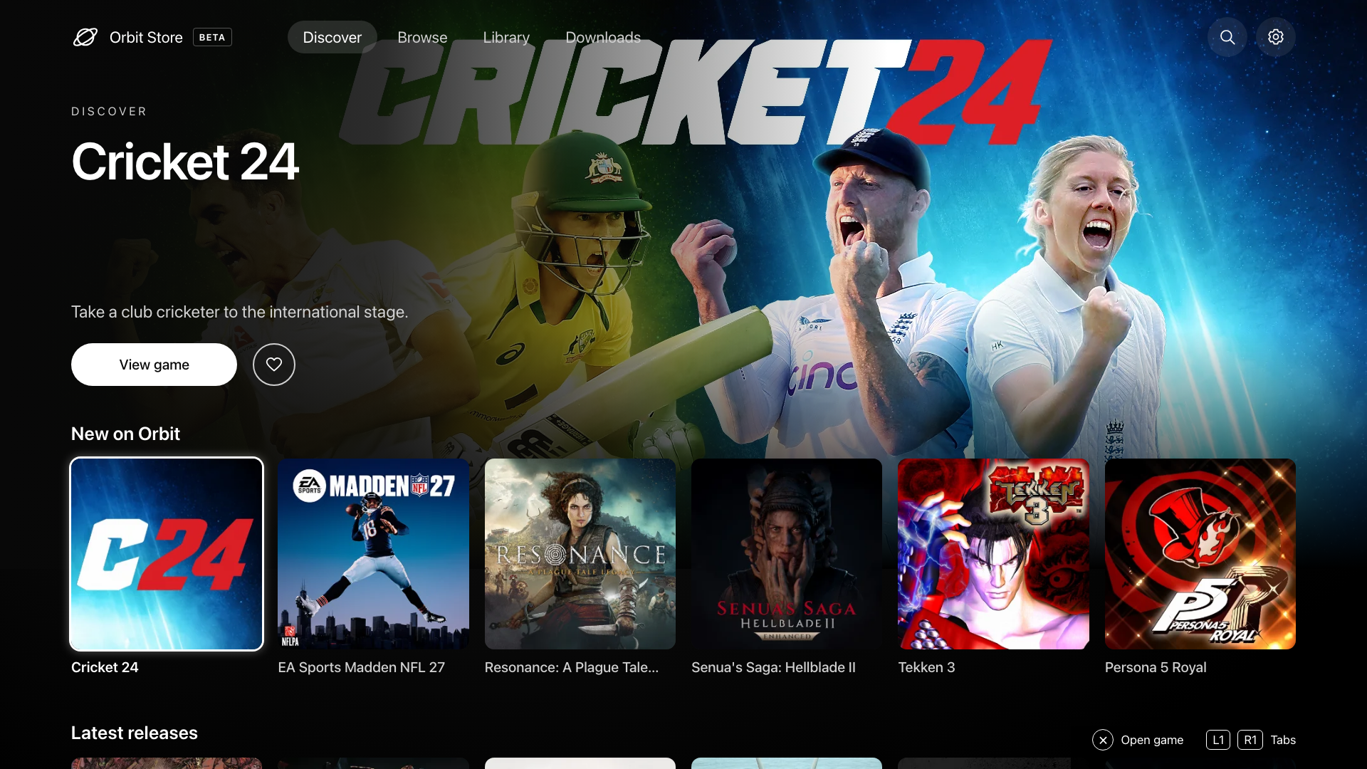 Orbit Store Discover with Cricket 24 selected and Persona 5 Royal sixth in New on Orbit