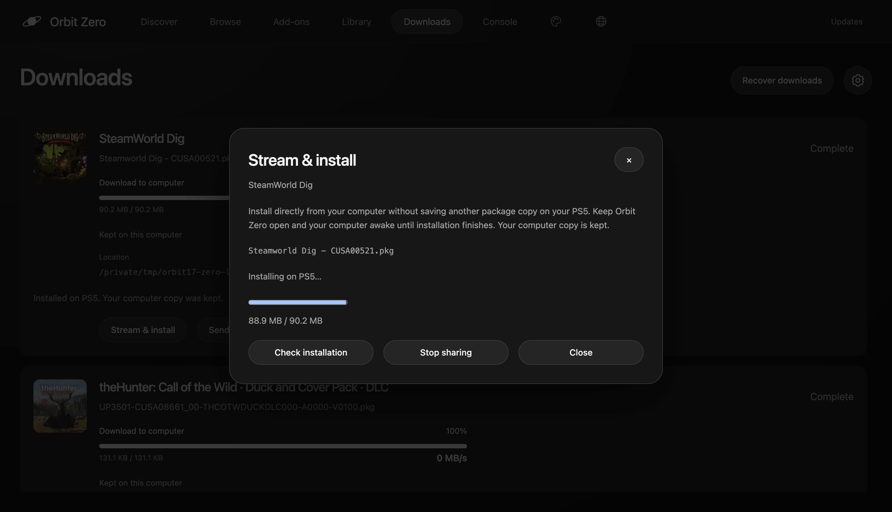Stream and install in Orbit Zero
