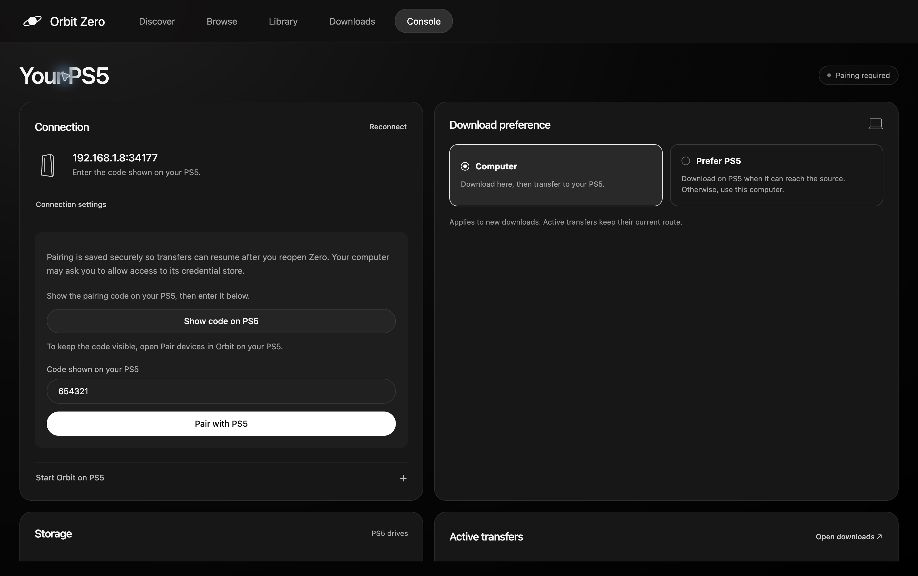 Full-screen Orbit Zero pairing screen with Show code on PS5 and Pair with PS5 controls
