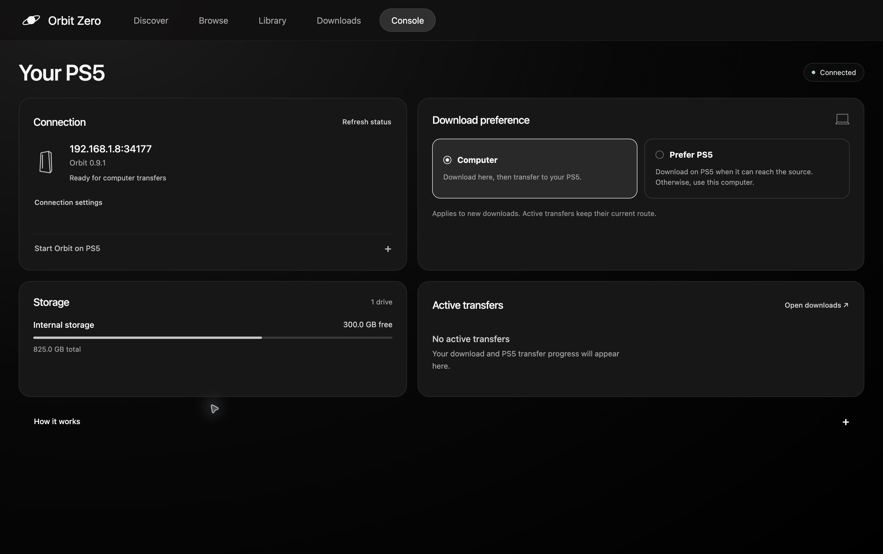 Full-screen Orbit Zero Console after pairing, showing Connected, download preference and available storage
