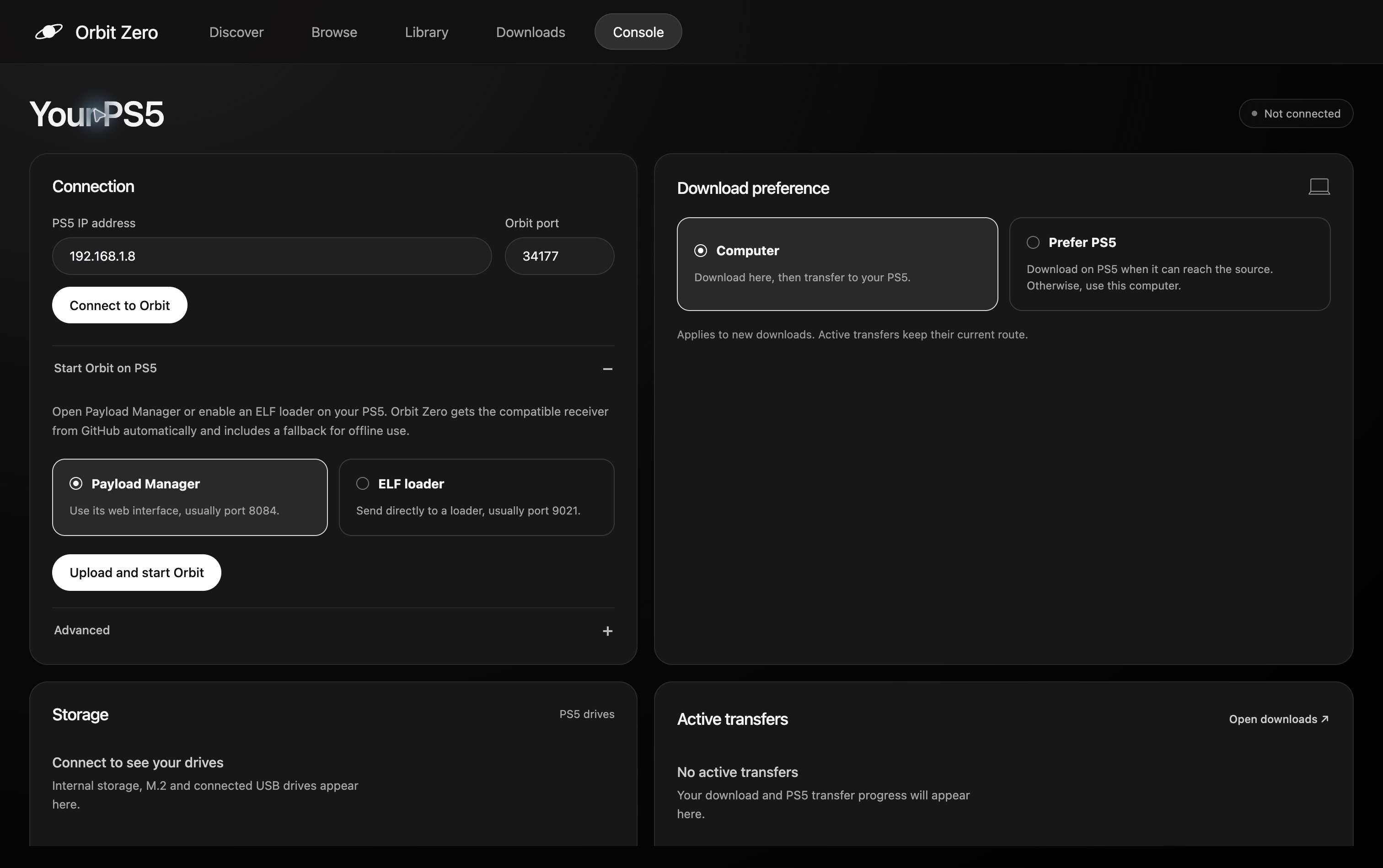 Full-screen Orbit Zero Console with the PS5 address and Upload and start Orbit controls