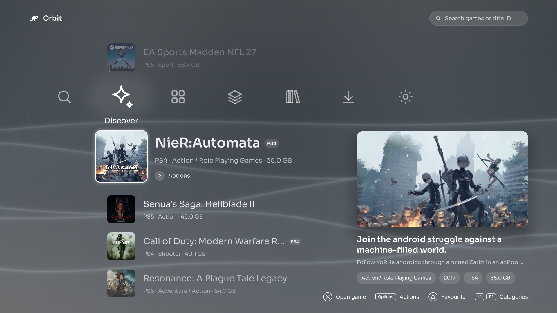 Native Crossbar Discover with NieR:Automata selected