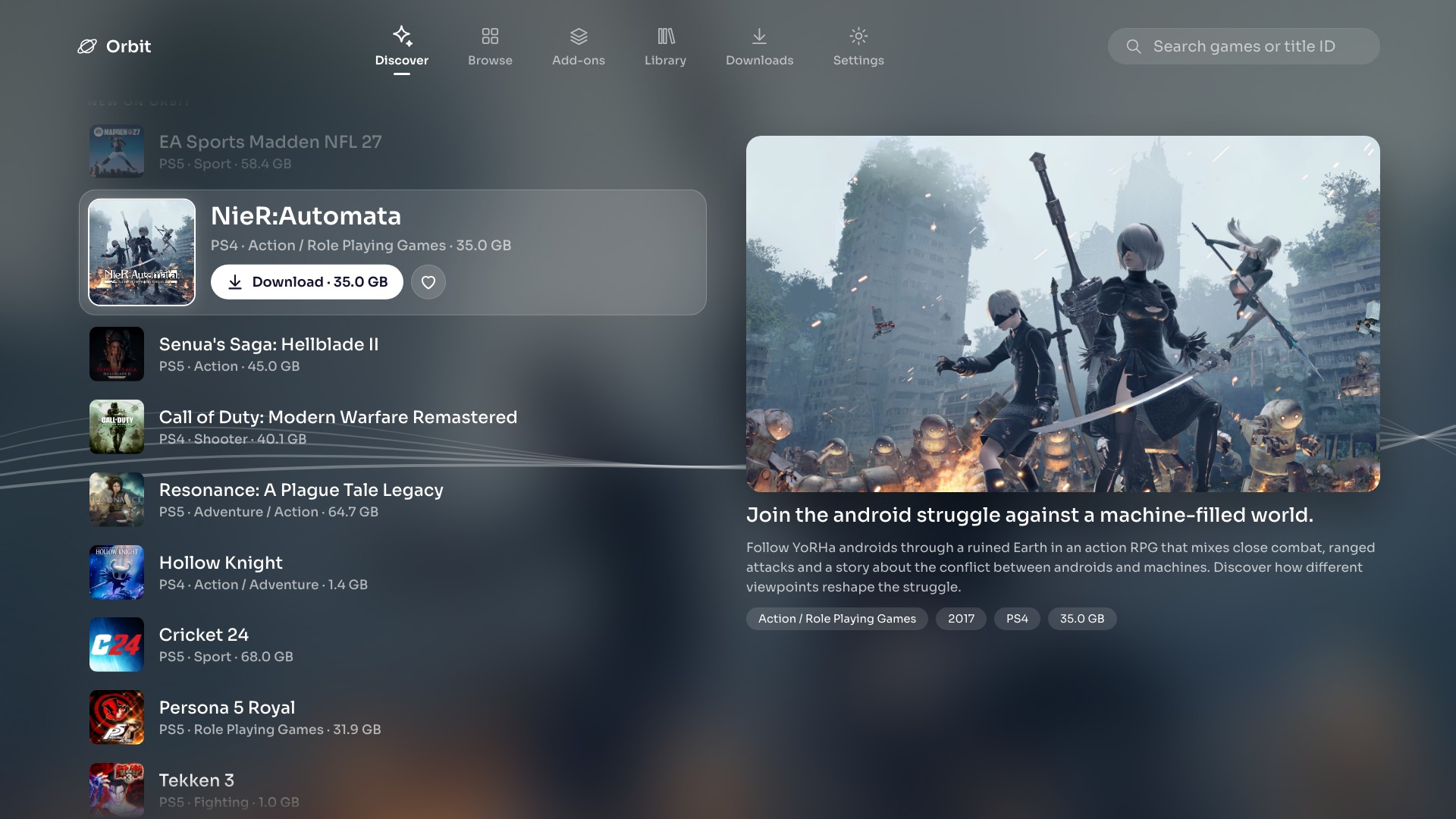 Crossbar Discover in the Orbit Store 1.5.0 browser interface
