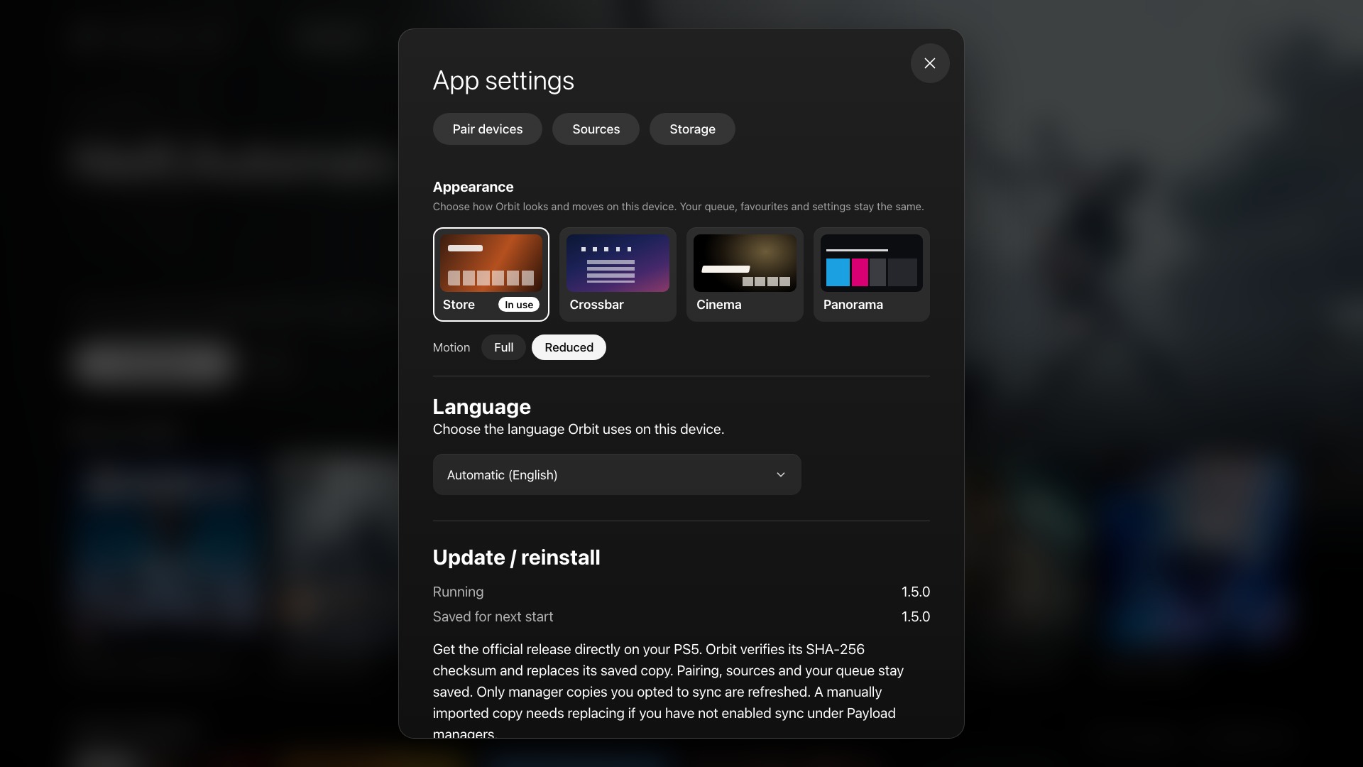 Orbit Store 1.5.0 appearance and language controls