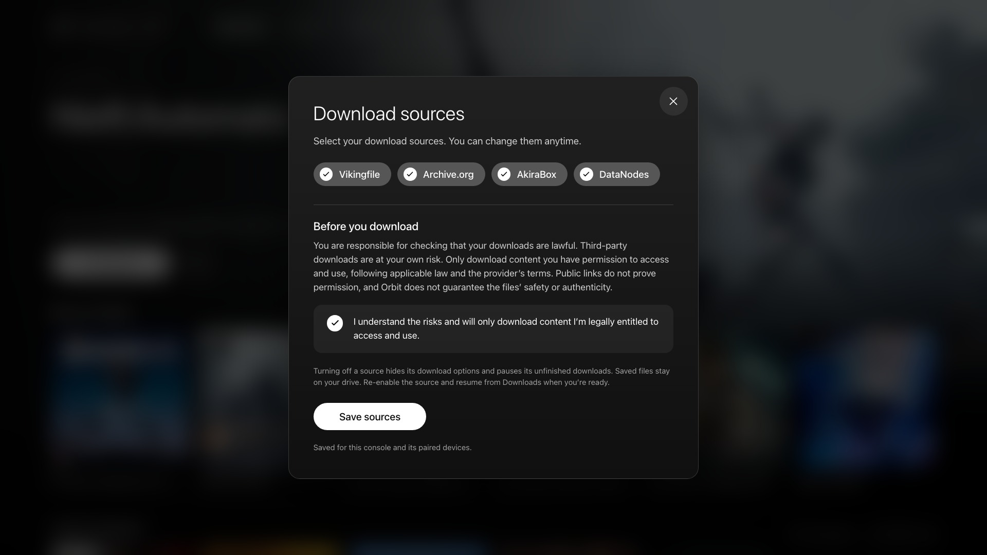 Orbit Store 1.5.0 download source selection and notice