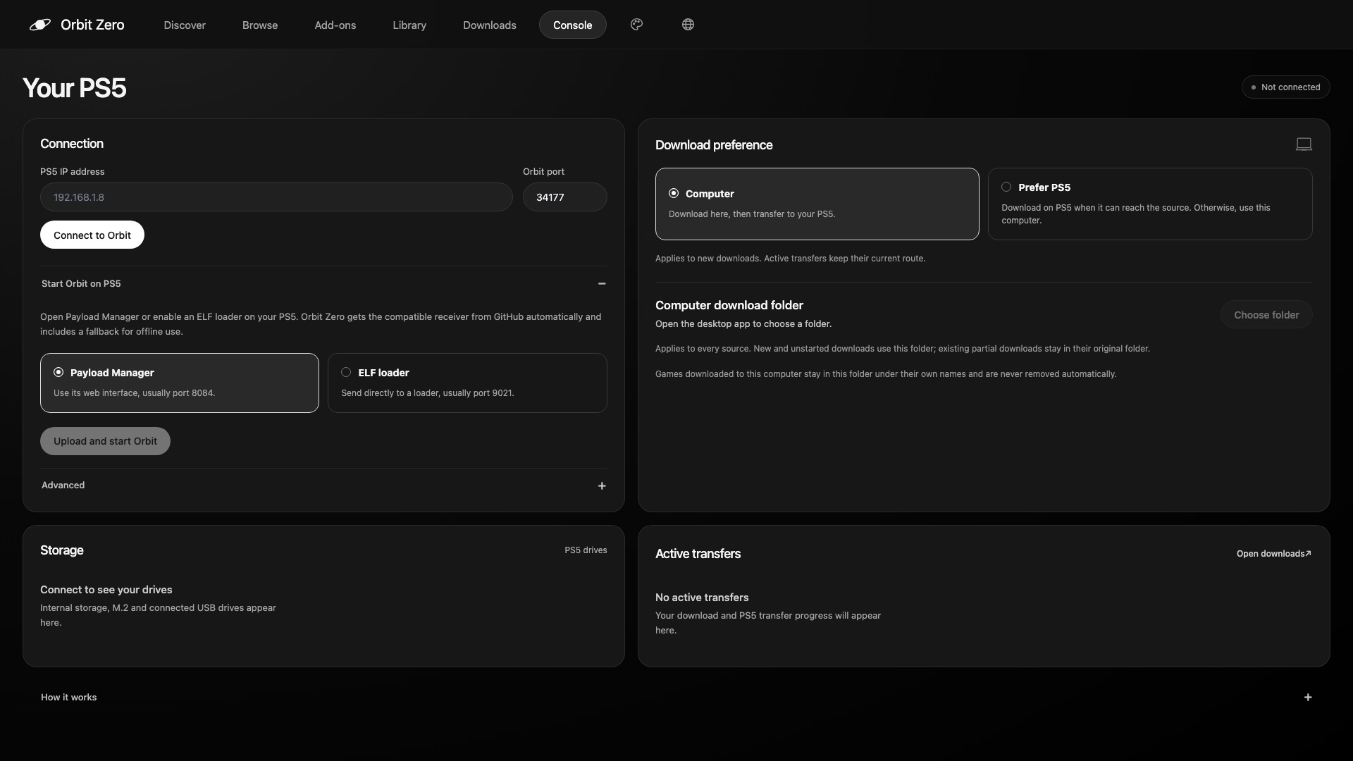 Orbit Zero 1.5.0 Console before connecting a PS5