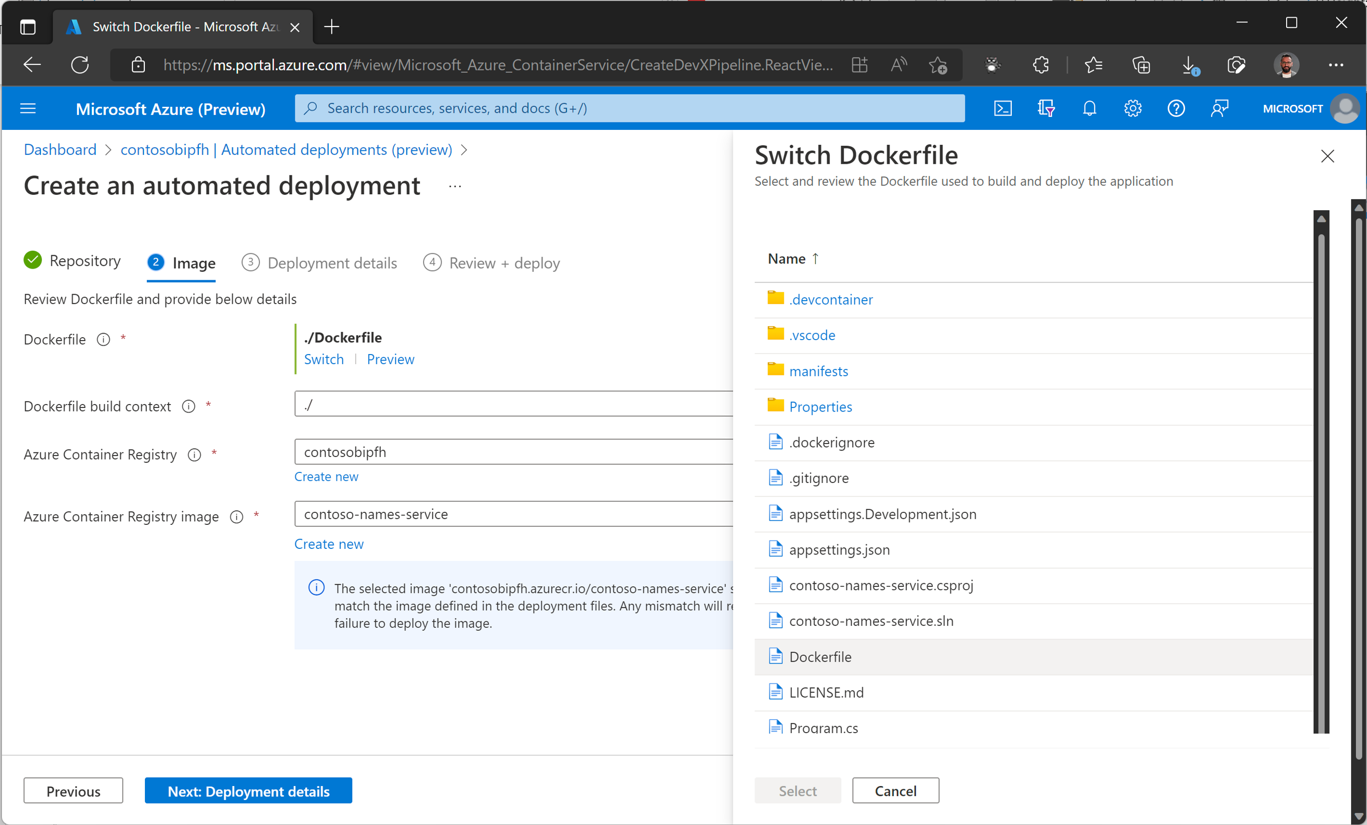 Select Dockerfile and Azure Container Registry details