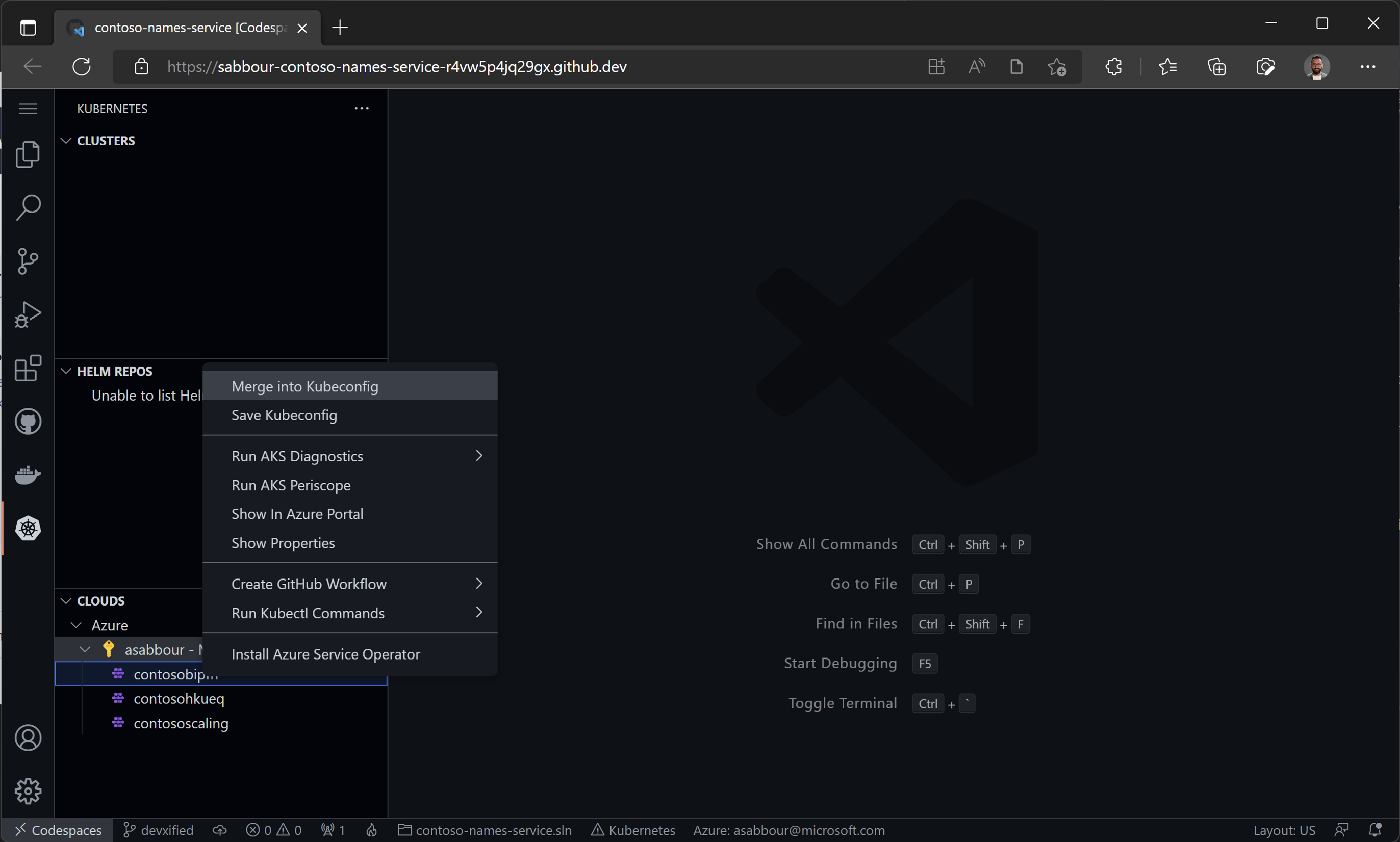 Merge the AKS cluster kubeconfig