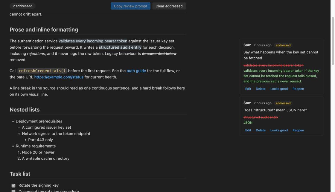 An addressed comment showing the previous text struck through and the agent's replacement below it, with Looks good and Reopen actions