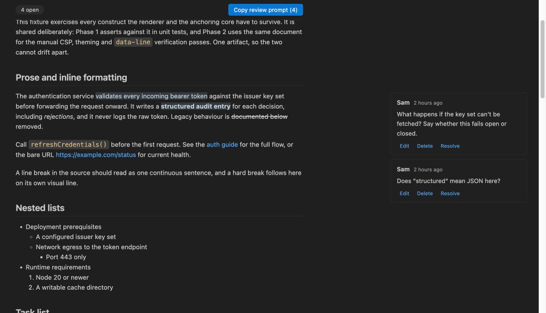 Comments in the review pane, aligned to the passages they are anchored to