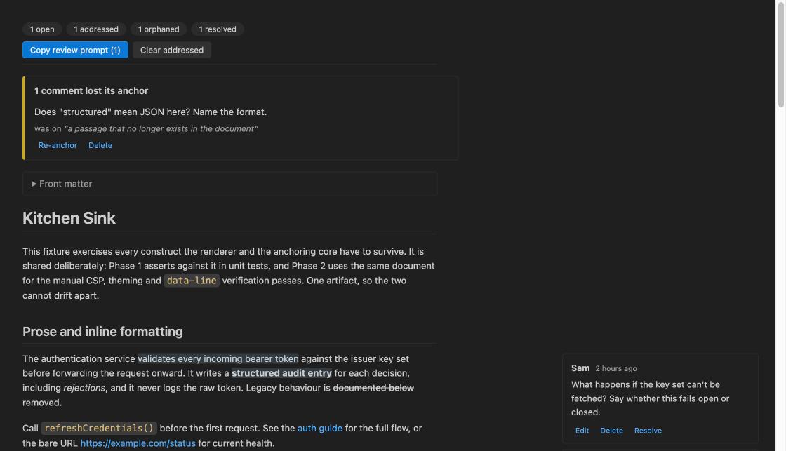 The header bar showing counts for open, addressed, orphaned and resolved, above an orphaned comment awaiting triage