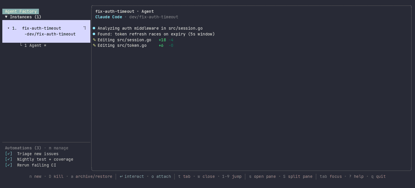 Agent Factory demo video preview: multiple AI coding agents running in isolated git worktrees, with live Agent tabs, scheduled automations, helper tabs, and full-screen attach