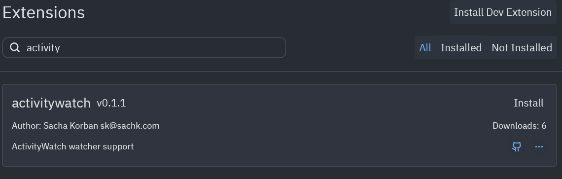 Plugin install page with the search box containing "activity"