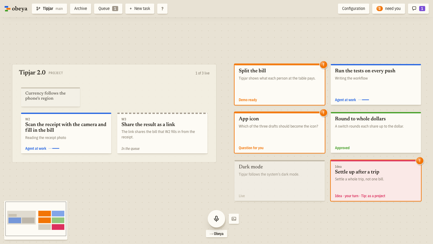 An Obeya canvas: a project with its workstreams, one at work and one in the queue; beside it a demo and a question waiting for you, a task at work, an approved and a live one, and an idea