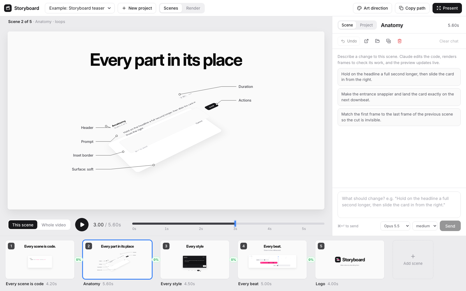 The Storyboard editor: a live preview, the scene chat, and the filmstrip