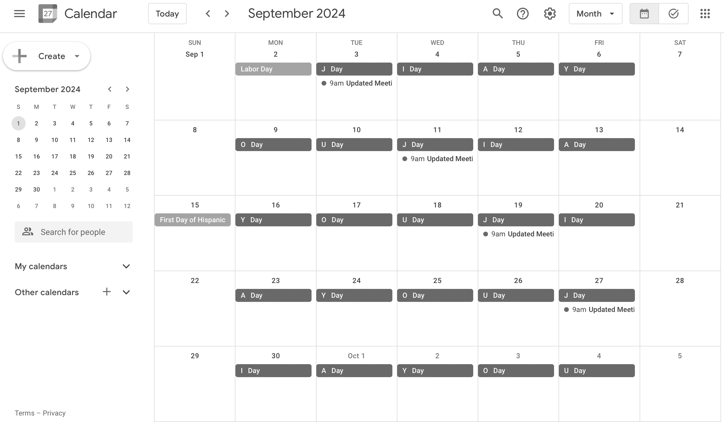 screenshot of calendar