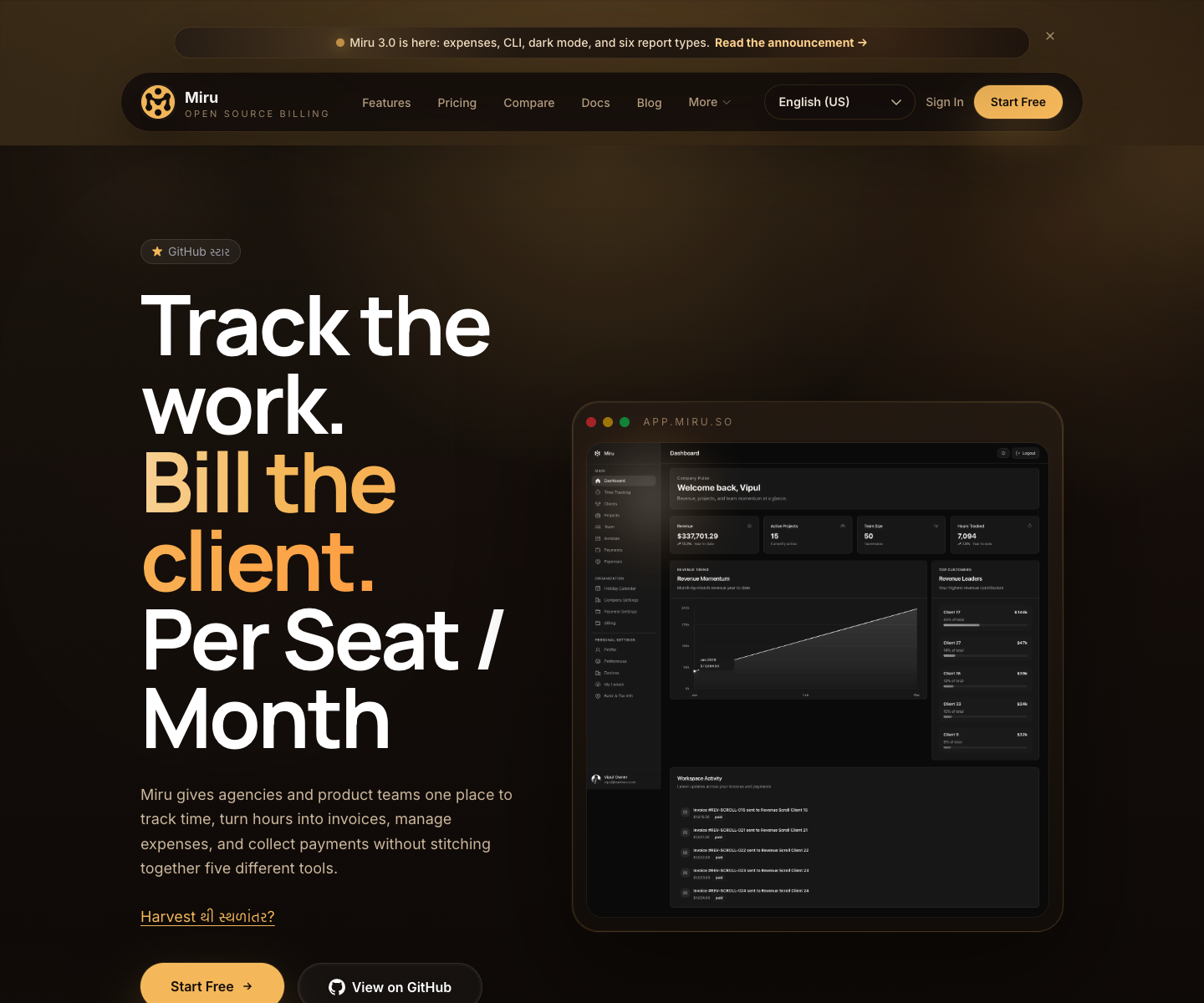 Miru current homepage and app preview