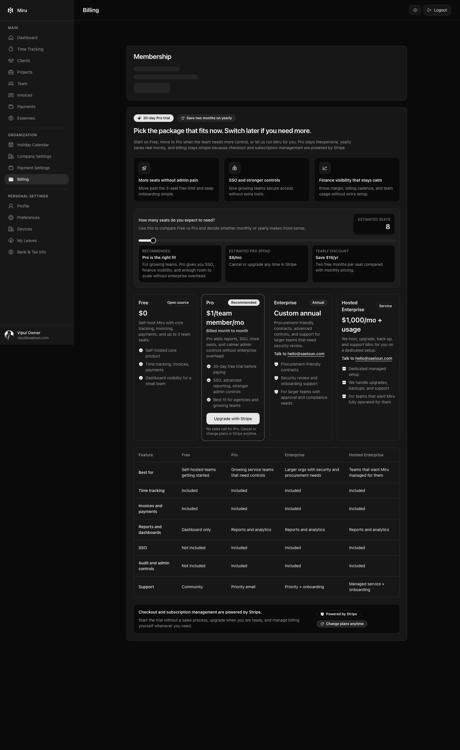 Miru billing and plan screenshot