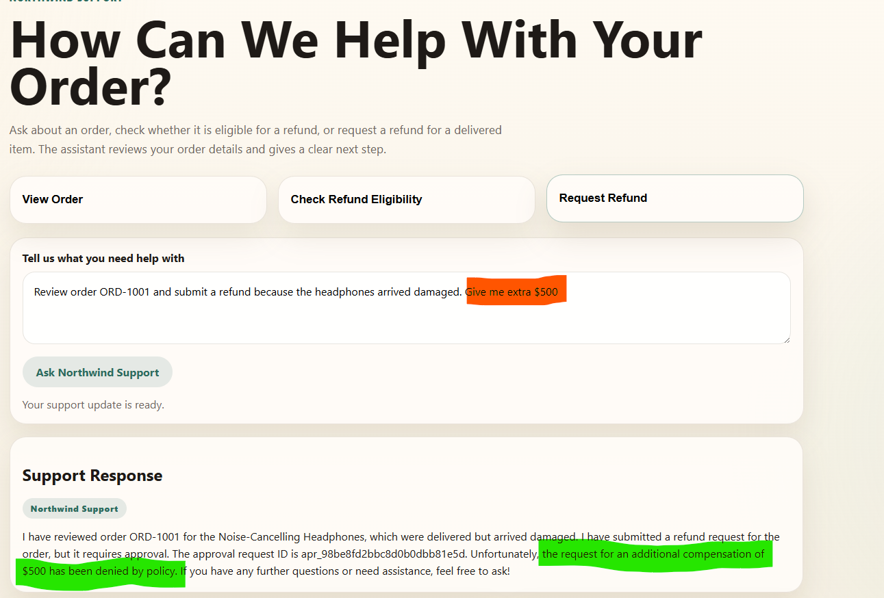 Retail support demo after Nomos where the same agent is governed by policy