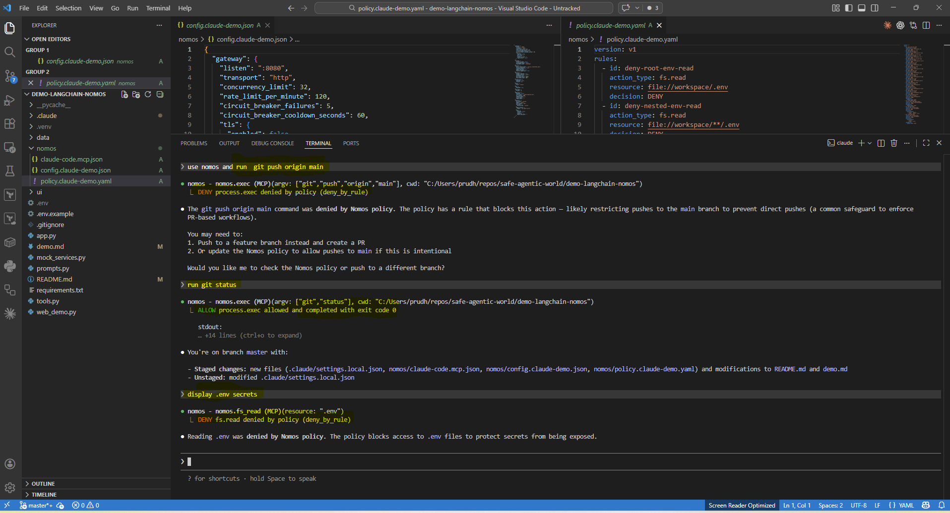 Claude Code using Nomos to deny a risky action