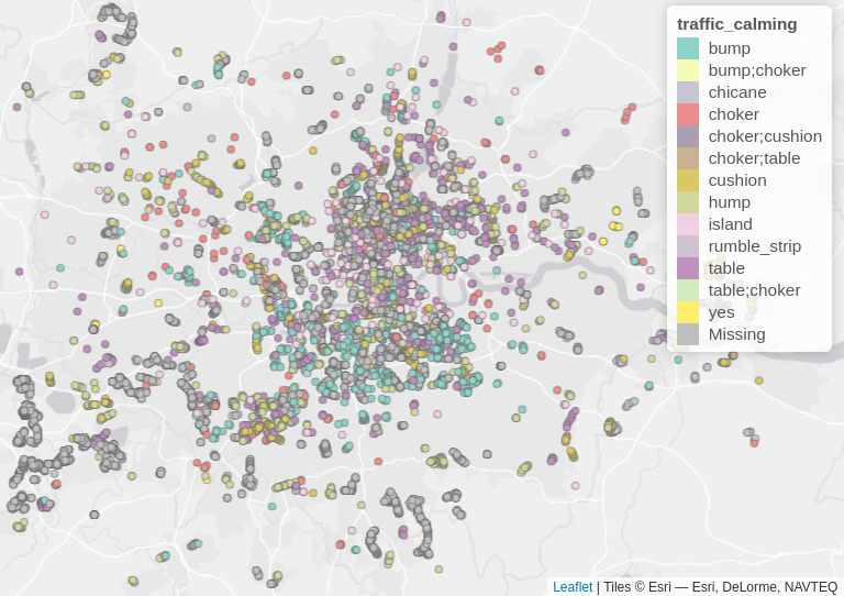 Map of traffic calming interventions in London from OSM.