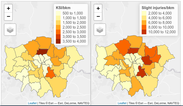 Pedestrian KSI and slight injuries per bkm for London Boroughs 2009 - 2013