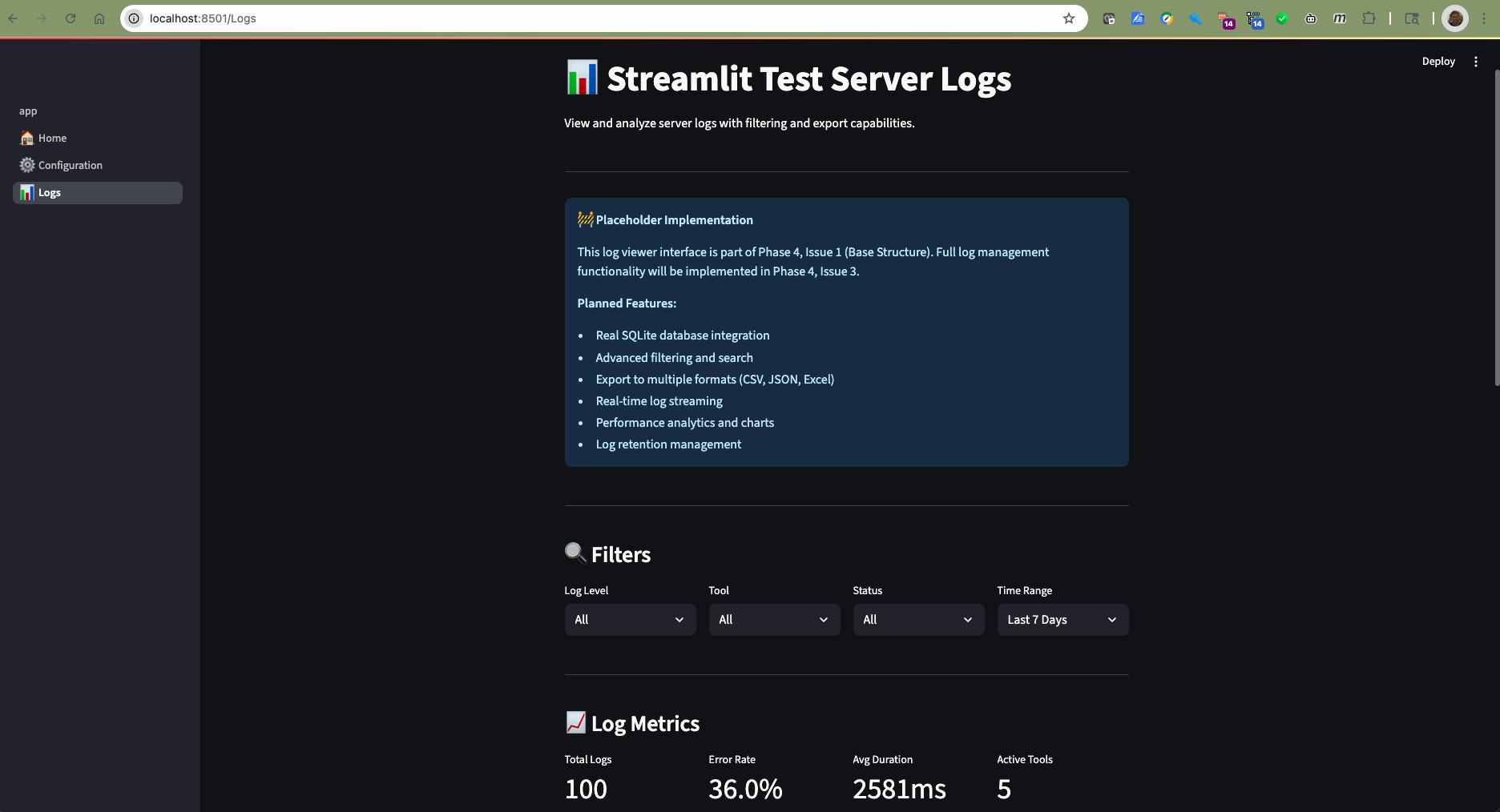 Streamlit Admin UI Logs