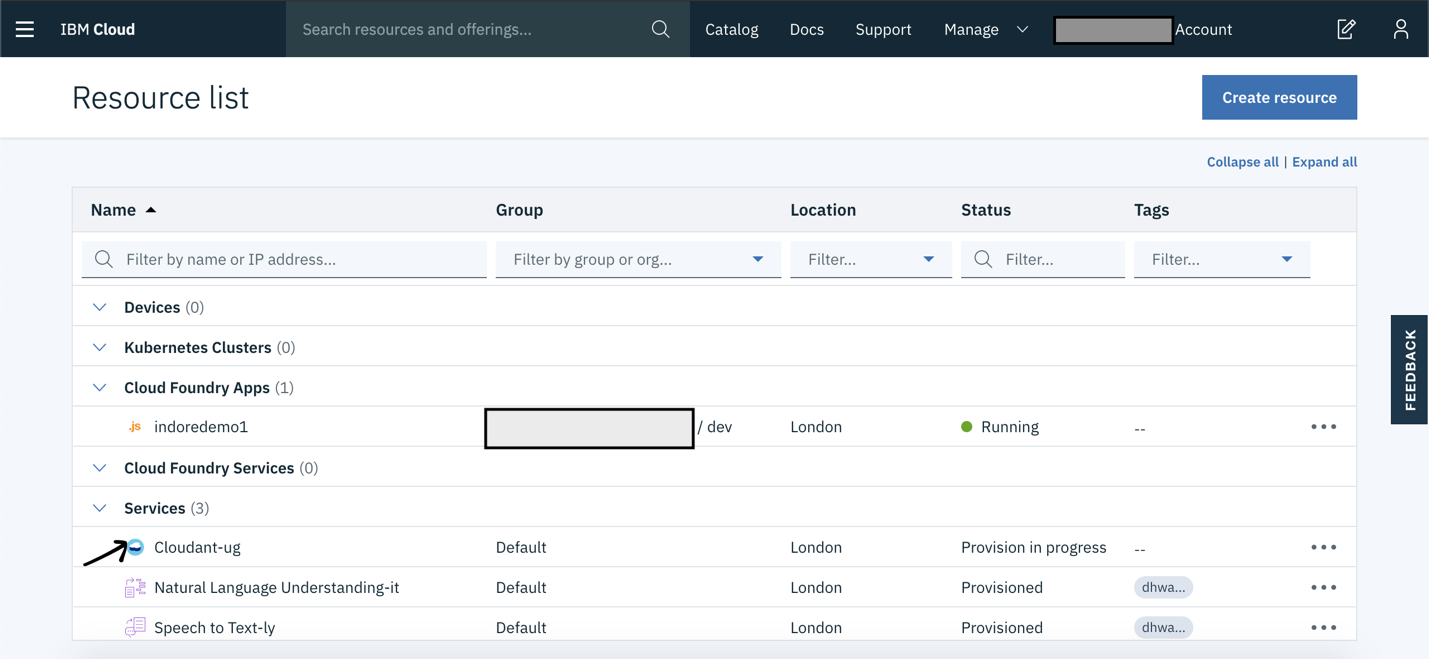 Select created Cloudant database service