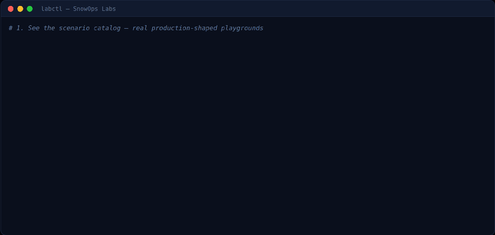 labctl walking the scenario catalog, listing the built-in incident library, and validating every declarative file - real command output.