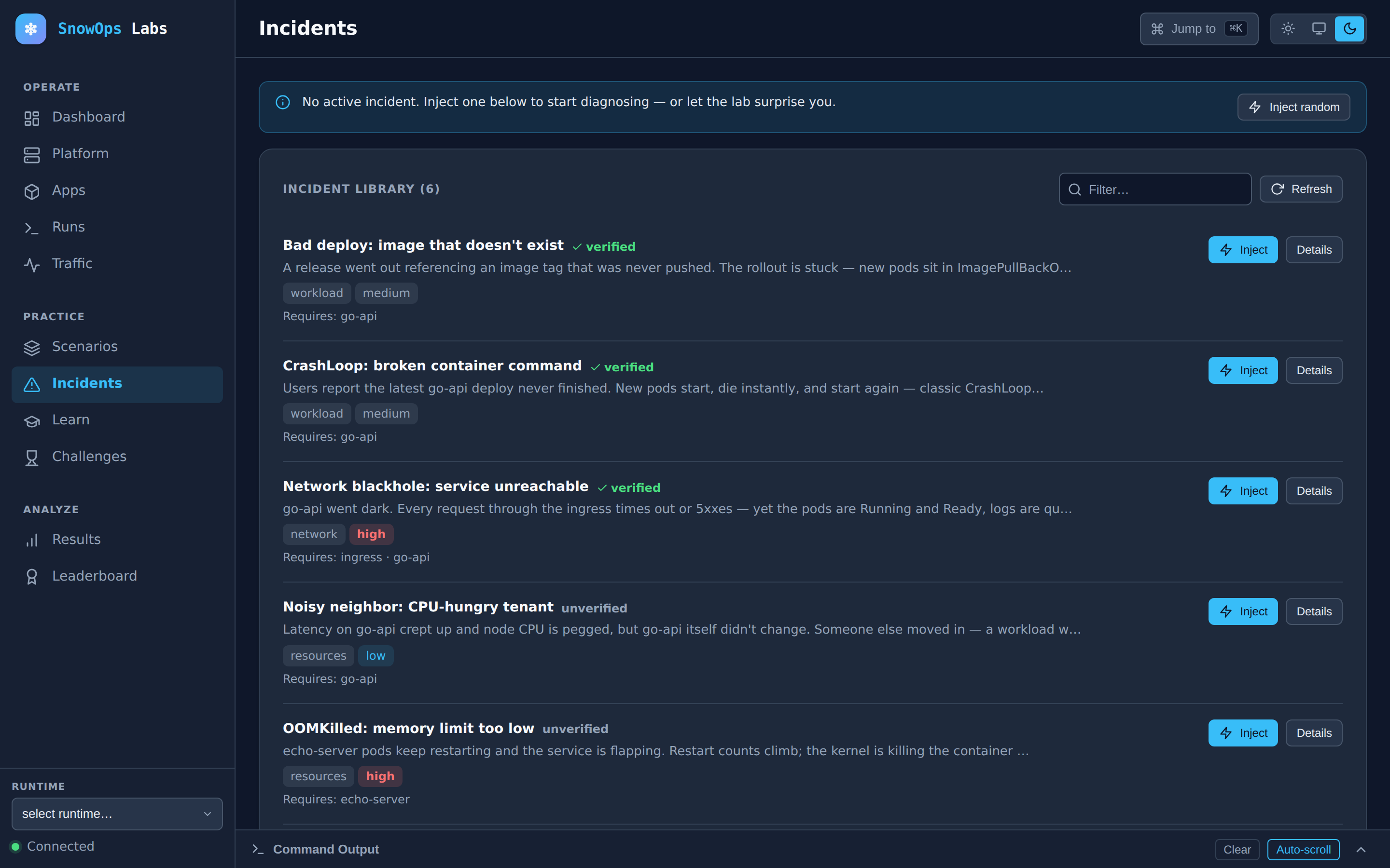 Incident library - reversible faults with severity and verified badges