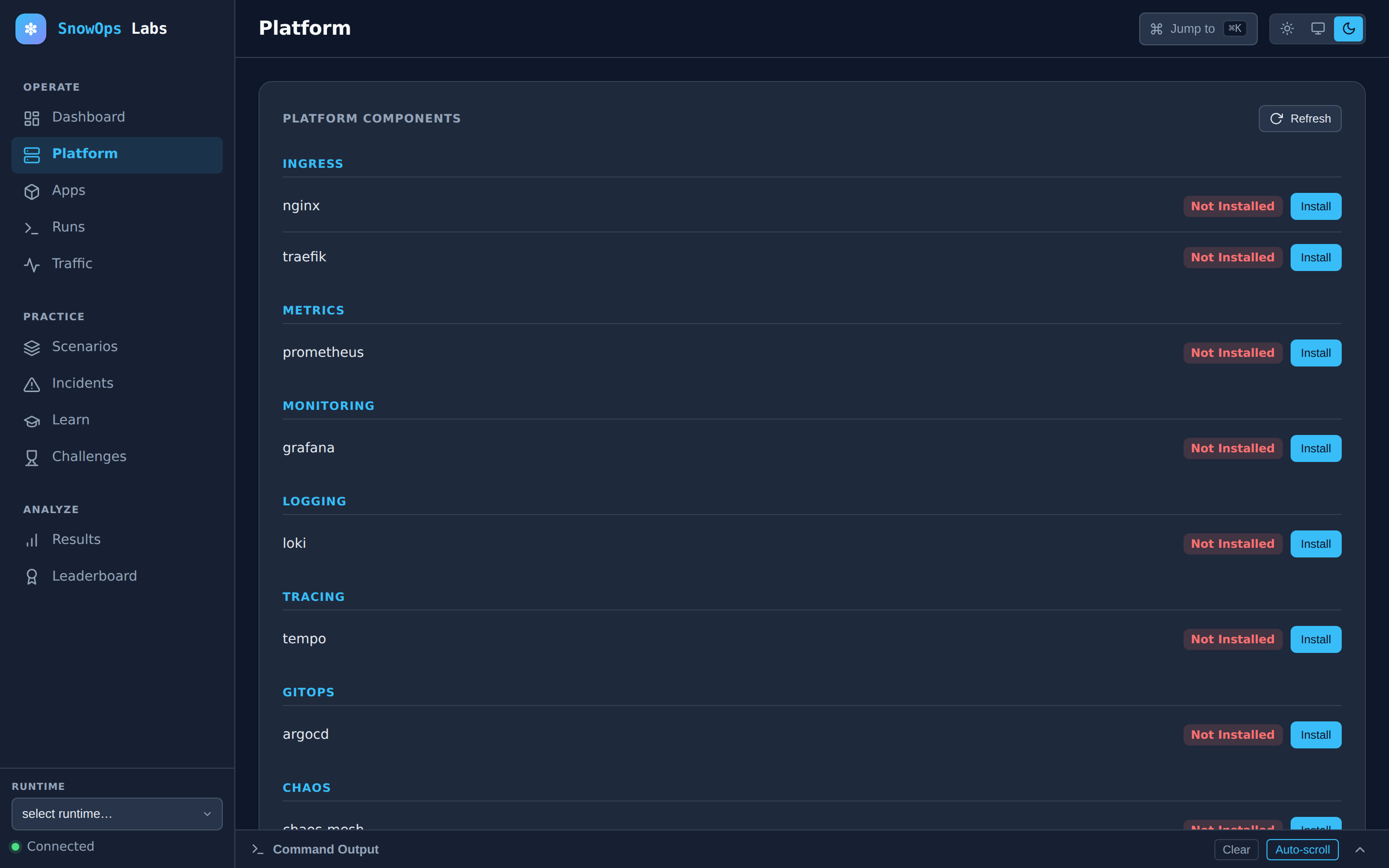 Platform components grouped by category, each installable with one click