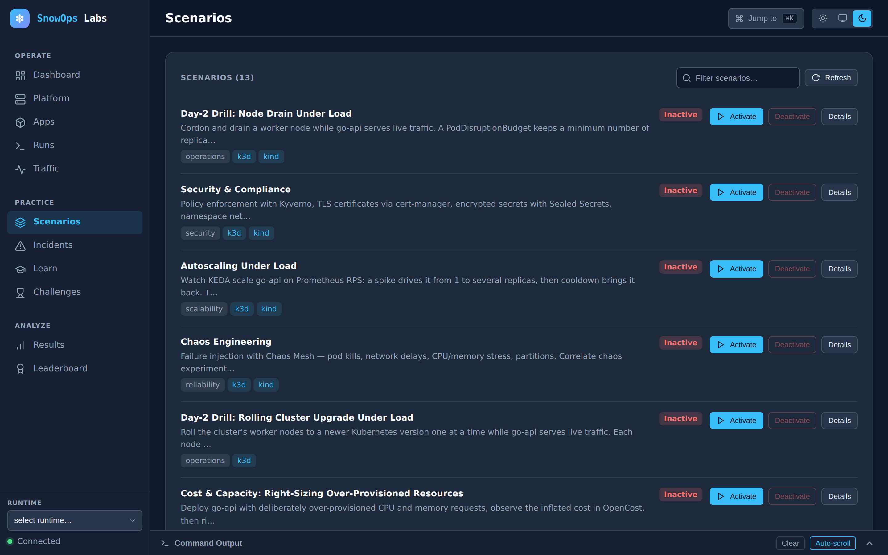 SnowOps Labs web dashboard - the scenario catalog, with category tags and one-click activation.