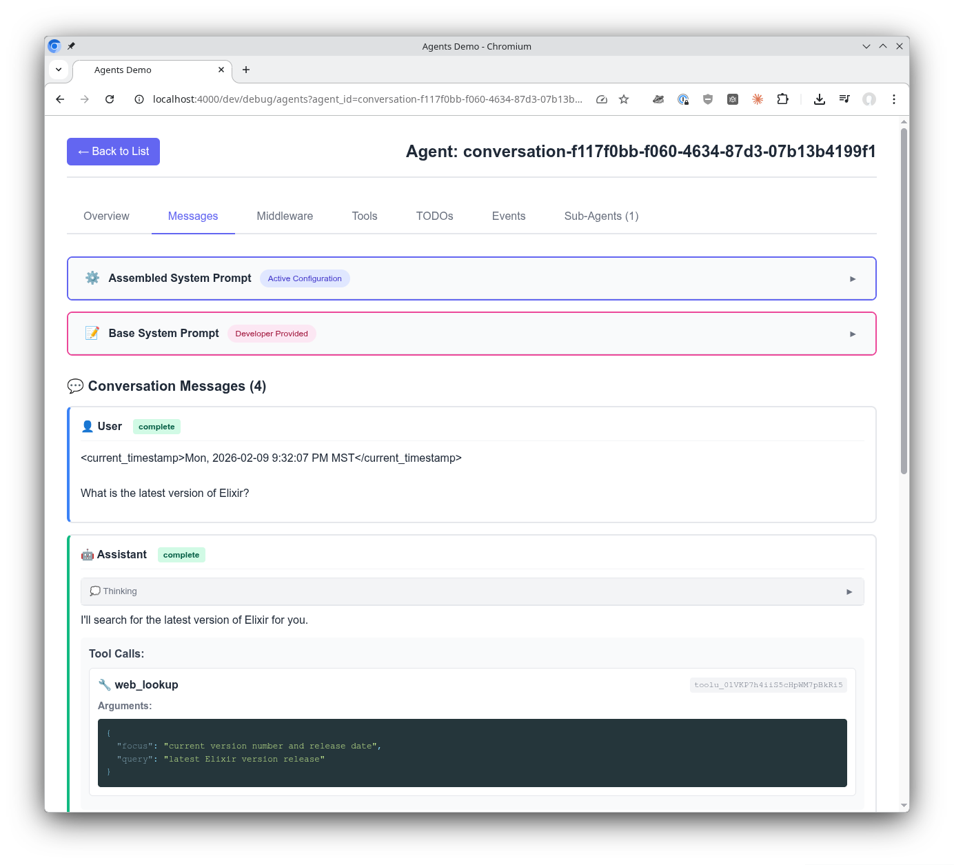 Agent messages showing system prompt and conversation history