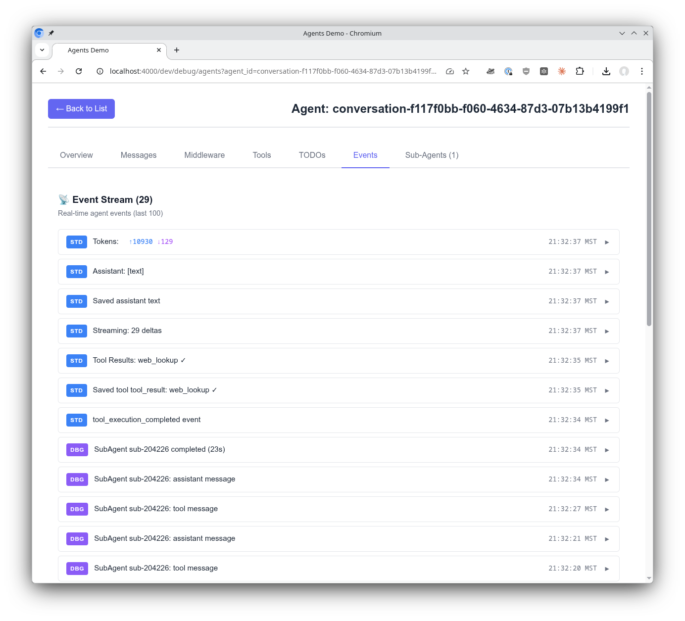 Live event stream showing agent activity