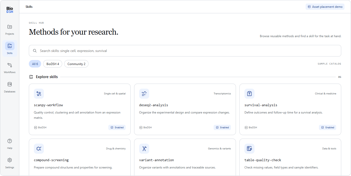 BioDSH Skill Hub — interface design preview, illustrative content