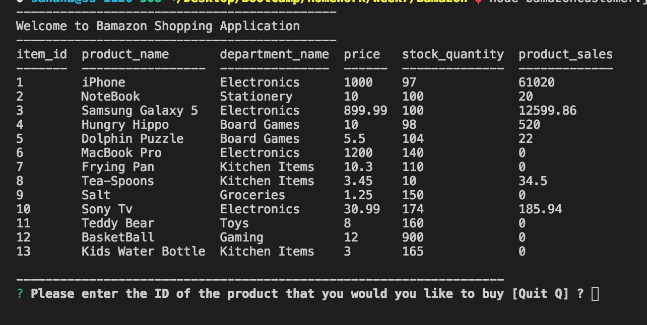 screenshot of the  Bamazon Customer application