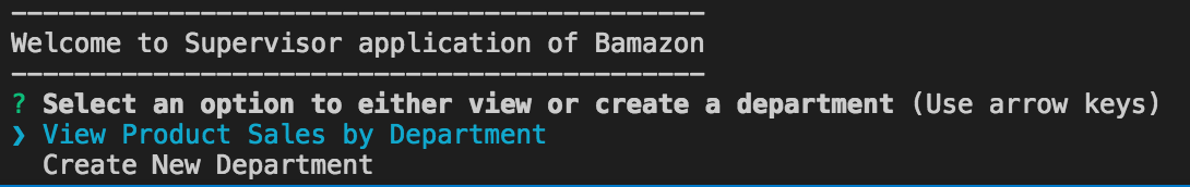 screenshot of the  Bamazon Supervisor application